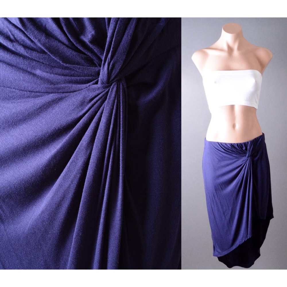 Navy Blue Stretchy Casual Draped Bow Knot Asymmetric Hem Summer Cutout Skirt